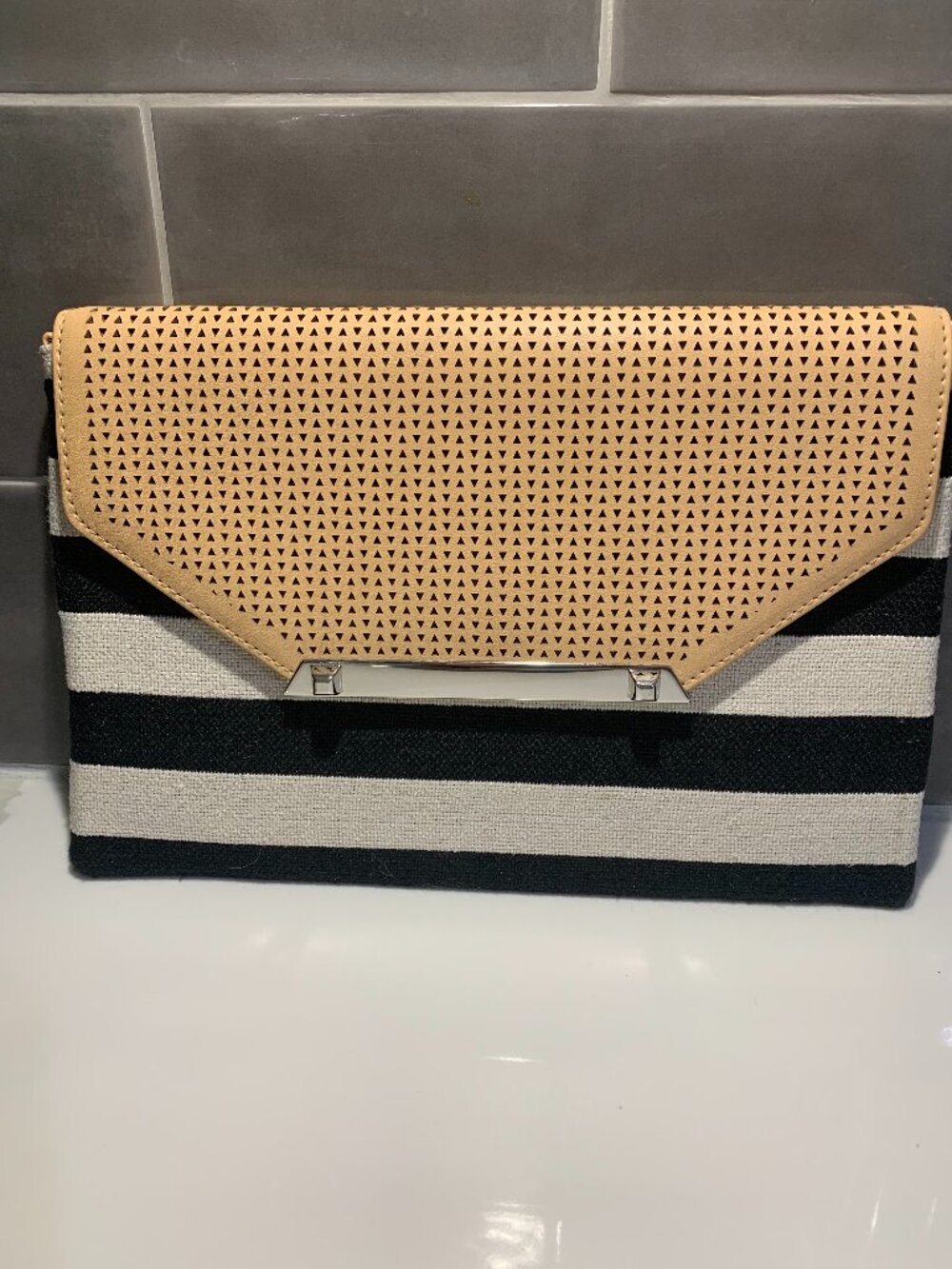 Stella and Dot City Slim Black White Striped Perforated Envelope Clutch